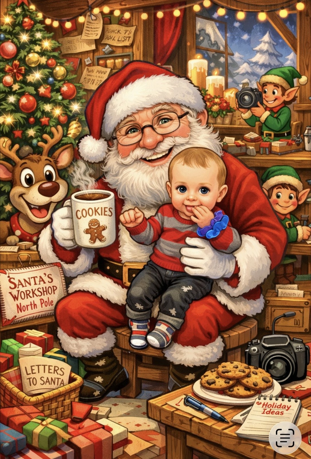 Cartoon of Santa's workshop with elves, cookies, and letters to Santa